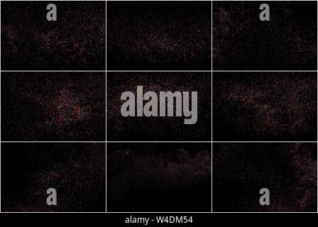 Set of Abstract Confetti. Colorful Grainy Texture Isolated on Black Background. Colored Stains and Blots. Vector Overlay Elements. Digitally Generated Stock Vector