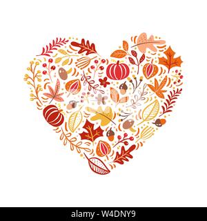 Vector autumn elements made in heart love. Mushroom, acorn, maple leaves and pumpkin isolated on white background. Perfect for seasonal holidays Stock Vector