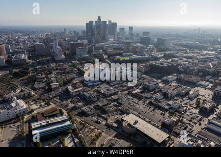 Smoggy afternoon aerial of buildings and streets north of downtown Los Angeles, California. Stock Photo