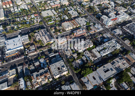 Aerial of apartments and commercial buildings along La Brea Ave in the Hollywood neighborhood of Los Angeles, California. Stock Photo