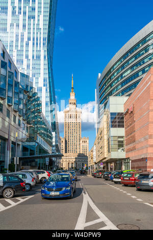 WARSAW, POLAND - JULY 18, 2019: Palace of Culture and Science in capital of Poland was constructed in 1955 and since 2007 it has been enlisted in the Stock Photo