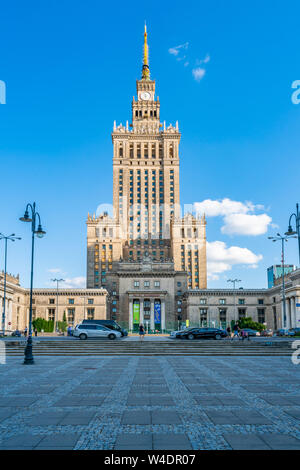 WARSAW, POLAND - JULY 18, 2019: Palace of Culture and Science in capital of Poland was constructed in 1955 and since 2007 it has been enlisted in the Stock Photo