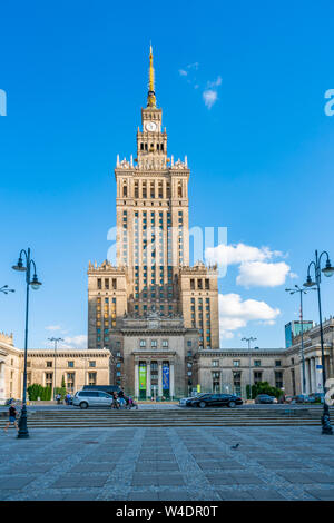 WARSAW, POLAND - JULY 18, 2019: Palace of Culture and Science in capital of Poland was constructed in 1955 and since 2007 it has been enlisted in the Stock Photo