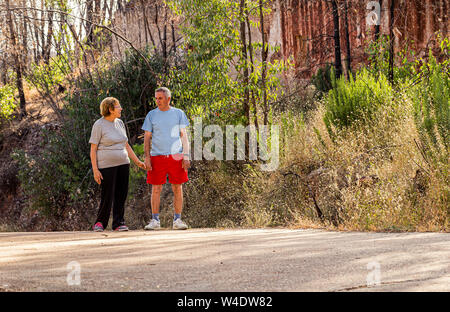 Happy seniors couple hold hands and talking, older male and female in park Stock Photo