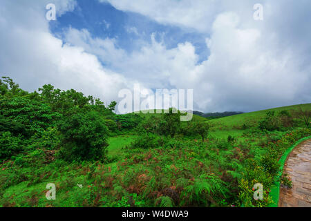 Vagamon mottakkunnu Kerala, India- 07 July 2019: Beautiful morning view of Vagamon Meadows and sky Stock Photo