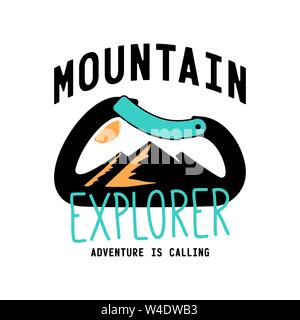 typography slogan mountain explorer with carabiner and alpine mountain silhouette inside background illustration for T-shirt and apparels graphic vect Stock Vector
