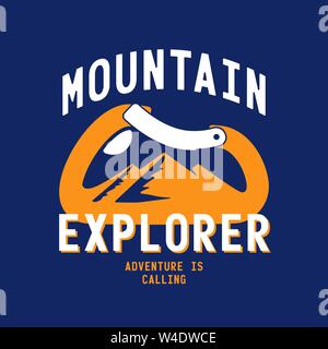 typography slogan mountain explorer with carabiner and alpine mountain silhouette inside background illustration for T-shirt and apparels graphic vect Stock Vector