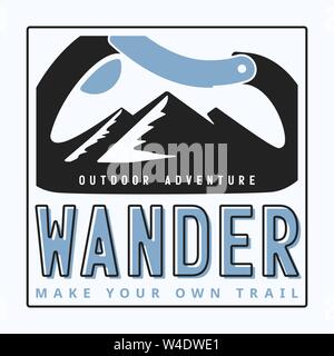 typography slogan wander outdoor adventure with carabiner and alpine mountain silhouette inside background illustration for T-shirt and apparels graph Stock Vector