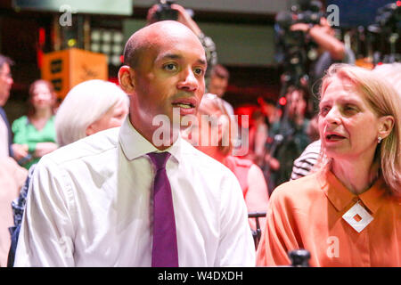 London, UK. 22 July 2019 -  Chuka Umunna (L) at Liberal Democrat leadership announcement.   Jo Swinson is elected as the new leader of the Liberal Democrats. Jo Swinson, MP for East Dunbartonshire,Êwon the leadership election receivingÊ47,997 votes and replaces Sir Vince Cable in the leadership role.  Credit: Dinendra Haria/Alamy Live News Stock Photo
