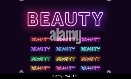 Neon text Beauty, expressive Title. Set of glowing word Beauty in Neon outline style with transparent backlight. Vector kit, red pink purple violet bl Stock Vector