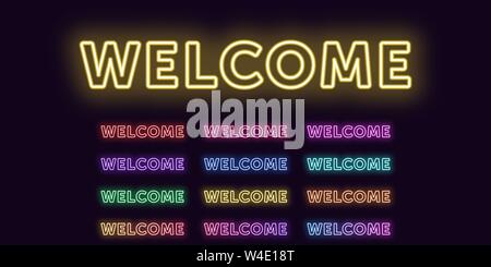 Neon text Welcome, expressive Title. Set of glowing word Welcome in Neon outline style with transparent backlight. Vector kit, red pink purple violet Stock Vector