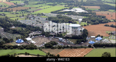 aerial view taken on Moon Landing Day 21st July 2019 of Bluedot Muisic Festival being held at Jodrell Bank, Cheshire Stock Photo