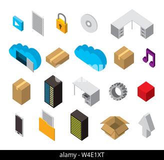 bundle of data center storage isometric set icons Stock Vector