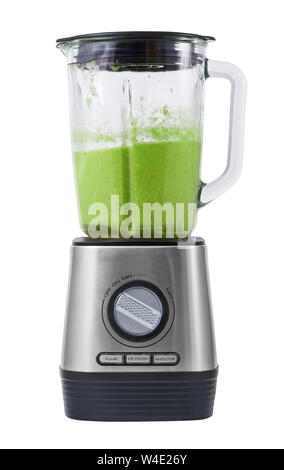 Modern stationary blender with ready green cocktail in a bowl isolated on white background. Stock Photo