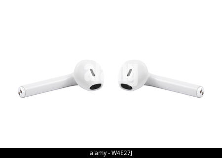 White wireless headphones isolated on white background front view. White bluetooth headset Stock Photo