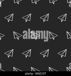 seamless pattern with paper airplanes in doodle, hand drawing style on a black background. Vector illustration Stock Vector