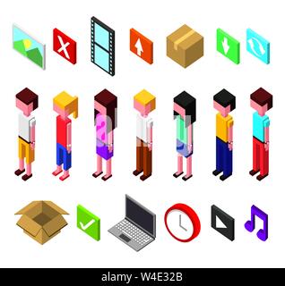 bundle of data center and users avatars isometric set icons Stock Vector