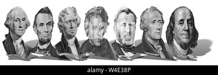 Portraits of America presidents and politicians from dollars isolated on white background. Photo at an angle of 45 degrees, with a shadow. Stock Photo