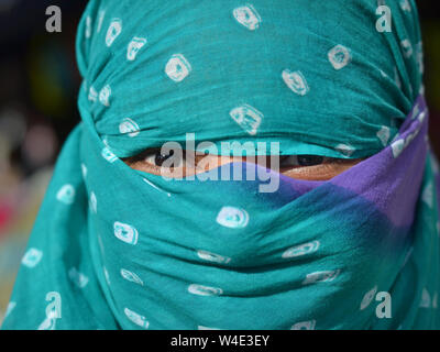 Young Indian woman with beautiful eyes covers her hair and face with a trendy secular headscarf. Stock Photo