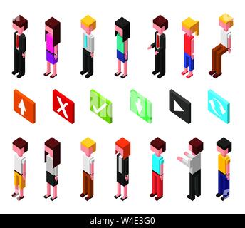 bundle of data center and users avatars isometric set icons Stock Vector
