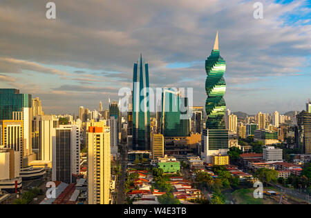 The colorful panoramic skyline of Panama City at sunrise with high rise skyscrapers, Panama, Central America. Stock Photo