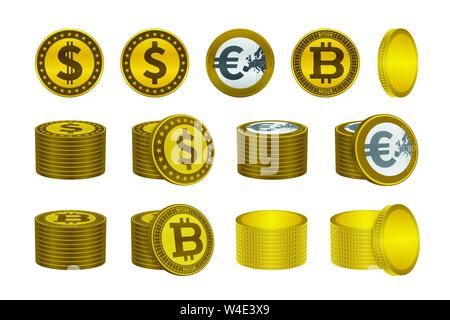 Dollar euro bitcoin gold coins. Currency vector icons. Stock Vector