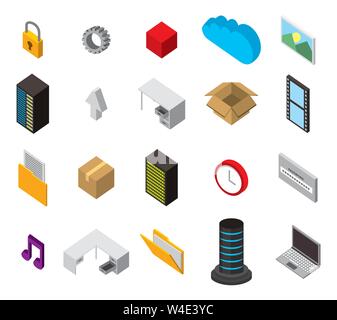bundle of data center storage isometric set icons Stock Vector