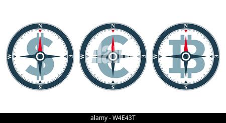 Compass rose icons with currency. Financial and direction icon design. Stock Vector