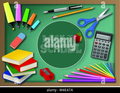 back to school written and realistic school items on a blackboard background vector Stock Vector