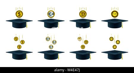 Coins falling into graduation caps Educational and financial concept design. Stock Vector
