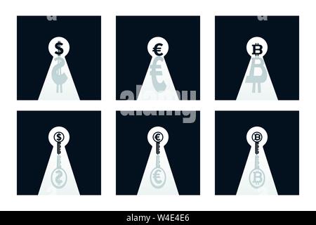Currencies in keyholes. Financial concepts on black and white background. Stock Vector