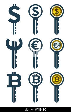 Keys with currencies on white background. Currency and key vector icons. Stock Vector