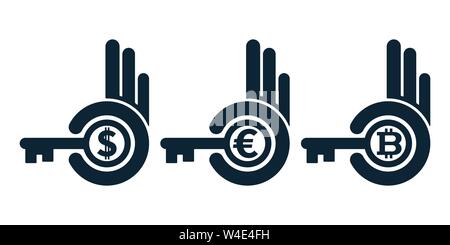 Abstract hands holding keys with currencies.  Financial concepts on black and white background. Stock Vector