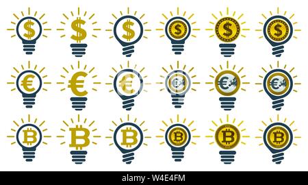 Light bulbs with currencies. Ideas of making money. Financial concept design. Stock Vector