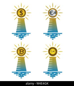 Lighthouse icons with coins on white background. Financial and nautical concept design. Stock Vector