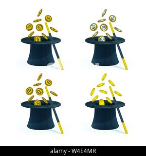 Coins coming out of magic hat. Magic and currency concept design. Stock Vector