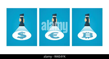 Hand holding flashlight towards currency symbol. Currency symbols under spotlight. Financial concept design. Stock Vector