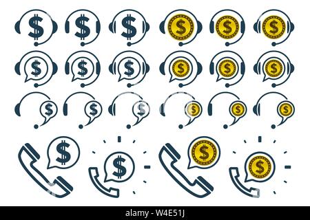 Headphones icons with dollar signs. Financial support vector icons. Stock Vector