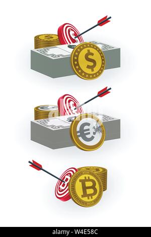 Coins, banknotes, target boards and arrow symbols on white background. Finance and target concept design. Stock Vector