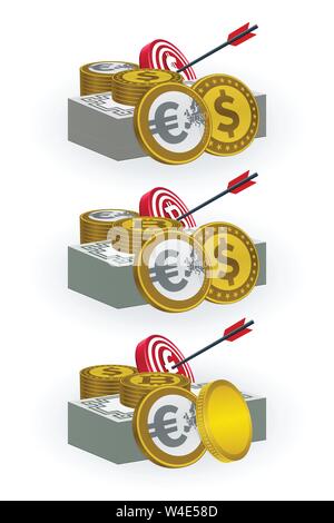 Various coins, banknotes, target boards and arrow symbols on white background. Finance and target concept design. Stock Vector