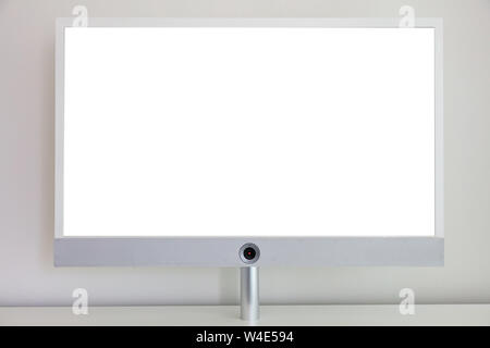 TV flat screen blank, white color, against wall background, copy space Stock Photo
