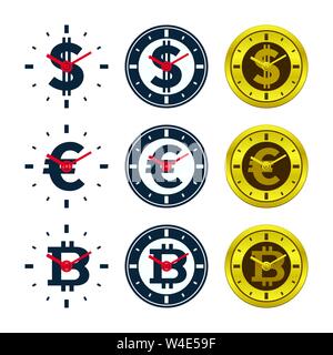 Currencies and clock faces. Money and time concept design. Stock Vector
