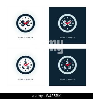 Clock icons with various currencies. Money and time concept design. Stock Vector