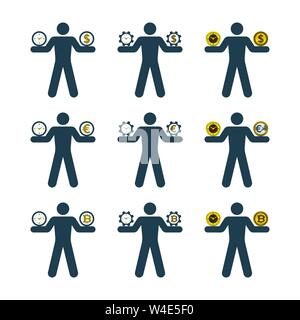 Businessman balancing clock and currency. Concepts of financial balance in business life. Stock Vector