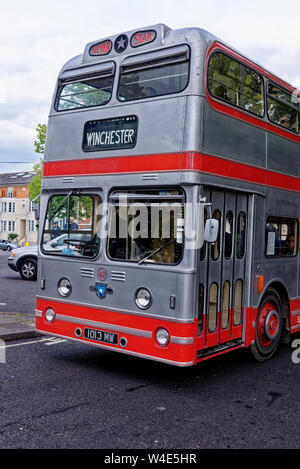Silver double decker Leyland Atlantean on Vintage Bus Event in Winchester, Hampshire, United Kingdom. Photo taken on 6th May 2019. Stock Photo