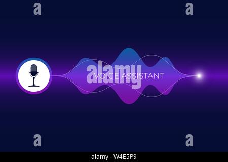 Personal assistant and voice recognition concept. Microphone button with bright gradient sound wave. Soundwave intelligent technology flat media Stock Vector