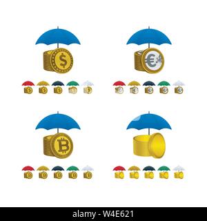Umbrella icons with currencies on white background. Financial security vector icons. Stock Vector