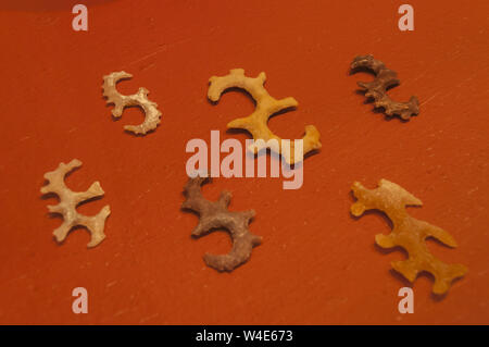 Guatemala, Antigua, stone carving artifacts on display at Colegio de la Compania de Jesus, Jusuit Monastery; Society of Jesus, established 1626, rebui Stock Photo