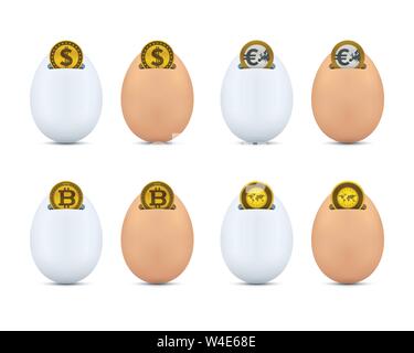 Egg shaped piggy bank icons with currencies. Financial vector icons. Stock Vector