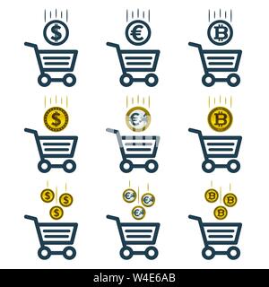 Currencies falling into shopping carts. Profitable shopping icons. Financial concept design. Stock Vector